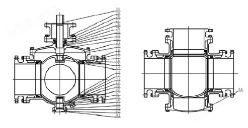 Q341F三通四密封涡轮球阀 结构图1