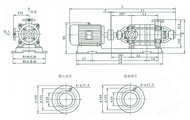 XBD1.8~8.1/5-50W型消防泵 外形及安装尺寸